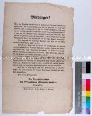 Bekanntmachung der Statthalterschaft der Herzogtümer Schleswig-Holstein an die Mitbürger anlässlich der Regierungsübergabe in die Hände des Deutschen Bundes