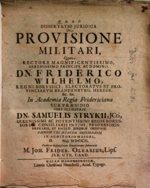 Dissertatio Iuridica De Provisione Militari