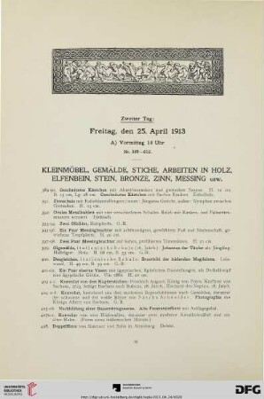 Kleinmöbel, Gemälde, Stiche, Arbeiten in Holz, Elfenbein, Stein, Bronze, Zinn, Messing usw. (Nr. 389-612)