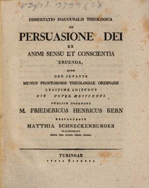 Dissertatio Inauguralis Theologica De Persuasione Dei Ex Animi Sensu Et Conscientia Eruenda
