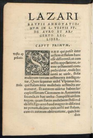 Lazari Bayfii Annotationum In L. Vestis Ff. De Auro Et Argento Leg. Liber