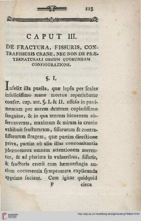 Caput III: De Fractura, Fissuris, Contrafissuris Cranii, nec non de praeternaturali ossium quorundam configuration
