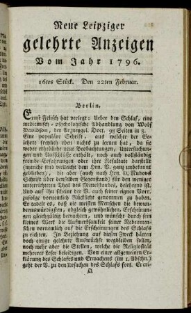 16tes Stück. Den 22ten Februar.