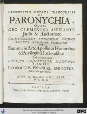 Dissertatio Medica Inauguralis De Paronychia