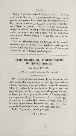 Simples remarques sur les racines entrières des équations cubiques.