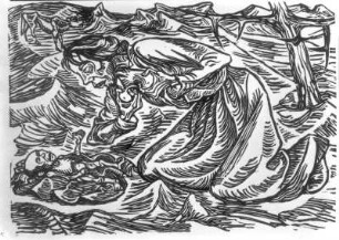 Kniende Frau mit sterbendem Kind : Kniende Frau mit sterbendem Kind. Holzschnitt; 22,8 x 32,1 cm (Bildfeld) (1919; E. Barlach)