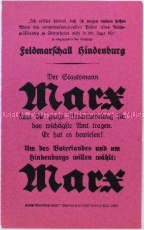 Aufruf der Deutschen Demokratischen Partei zur Wahl von Wilhelm Marx zum Reichspräsidenten 1925