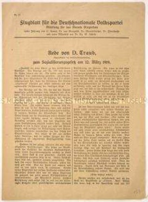 Deutschnationale Propagandaschrift mit dem Wortlaut einer Rede von Traub vor der Nationalversammlung zur Frage der Sozialisierung