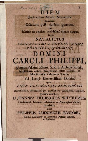 Diem undecimum mensis Novembris ... qui natalitius ... Caroli Philippi comitis Palatini Rheni ... indicit