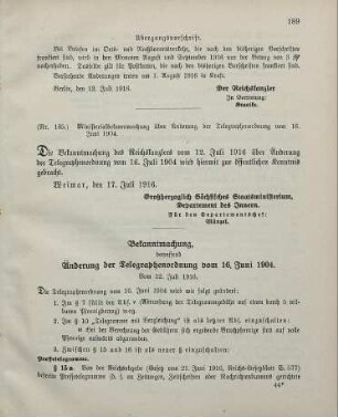 Nr. 185: Ministerialbekanntmachung über Änderung der Telegraphenordnung vom 16. Juni 1904