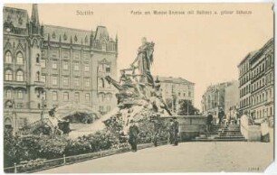 Stettin. Partie am Manzel-Brunnen mit Rathaus u. grüner Schanze