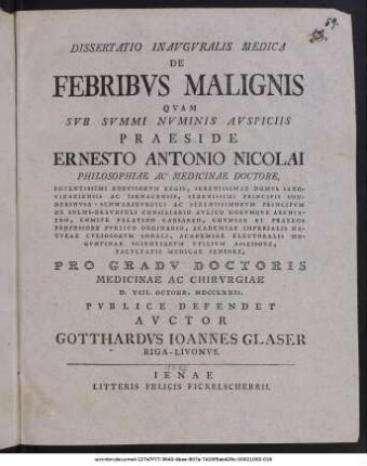 Dissertatio Inauguralis Medica : De Febribus Malignis