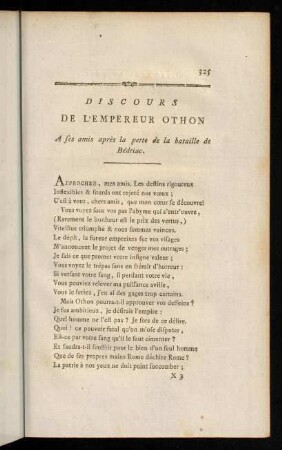 325-335, Discours de l'Empereur Othon à ses amis après la perte de la bataille de Bédriac. - Vers de l'Empereur de la Chine.