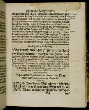 Ein Christliche Leichpredigt/ Uber dem Gottseligen Absterben/ weyland der Durchleuchtigen/ Hochgebornen Fürstin unnd Fräwlein/ Fräwlein Sabinen/ geborne Fürstin zu Anhalt [...]