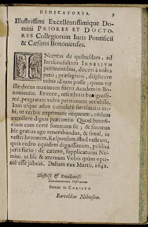 Dedicatoria Illustrissimi ... Priores Et Doctores Collegiorum Iuris Pontificii & Caesarei Bononienses