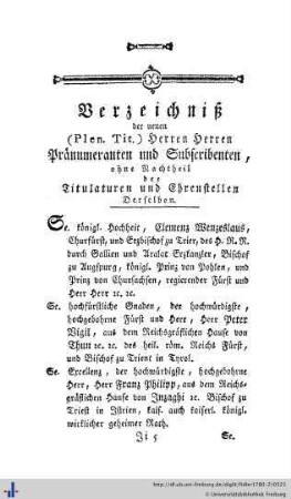 Verzeichnis der Pränumeranten und Subscribenten.