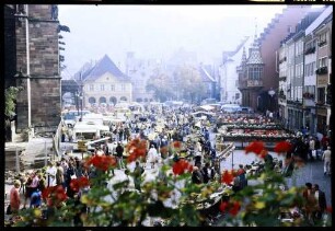 Freiburg: Münsterplatz, Markt, Vordergrund Geranien vom Balkon