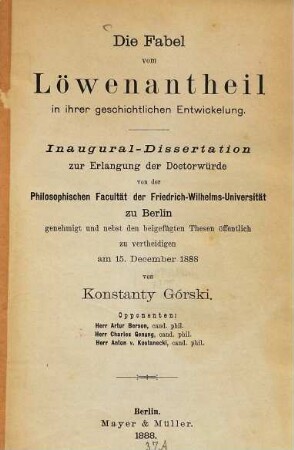 Die Fabel vom Löwenantheil in ihrer geschichtlichen Entwickelung