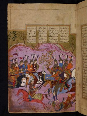 Illustration: Rustam zieht Kāmūs mit dem Lasso vom Pferd