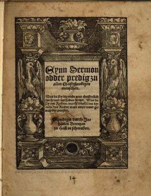 Eynn Sermon odder predig zu allen Christglaubigenmenschen : Was da sey die recht war christenlich kyrch vnd der selben haupt. Was da sey dye Rechten ware[n] schlussel des hymels das Rechte ware ampt vnnd gewalt der priester