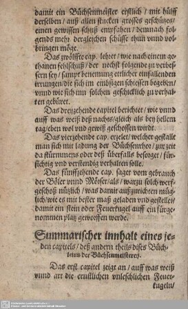 Summarischer innhalt eines jeden capitels/desß andern theils dises Büchleins der Büchsenmeisterey.