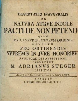 Dissertatio Inavgvralis De Natvra Atqve Indole Pacti De Non Petendo