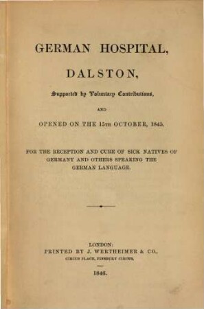 German Hospital Dalston : supported by voluntary contributions. 1846