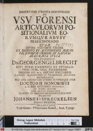 Dissertatio Jvridica Inavgvralis De Vsv Forensi Articvlorum Positionalivm Eorvmque Abvsv Praescindendo