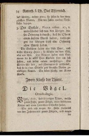 Zwote Klasse der Thiere. Die Vögel. Ornithologia.