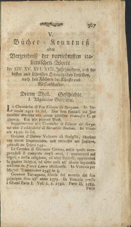 V. Bücher-Kenntniß oder Verzeichniß der vornehmsten italienischen Werke.
