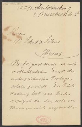 Brief an B. Schott's Söhne : 22.02.1896
