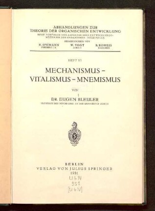 Mechanismus, Vitalismus, Mnemismus