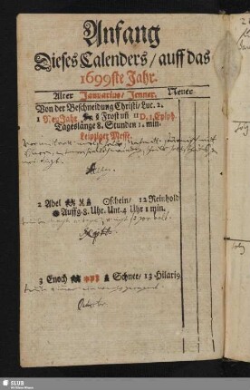 Anfang Dieses Calenders, auff das 1699ste Jahr
