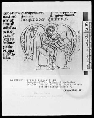 Isidor von Sevilla, Etymologiae — Initiale M (oyses) darin Moses am Schreibpult, Folio 38verso