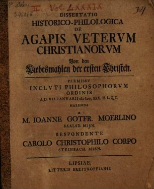 Diss. de agapis veterum Christianorum