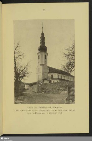 Kirche von Hochkirch mit Blutgasse. Zum Vortrag des Herrn Hauptmann Heide über den Überfall von Hochkirch am 14. Oktober 1758
