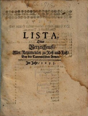 Lista, Oder Verzeichnuß Aller Regimenter zu Roß und Fuß Bey der Turennischen Armee