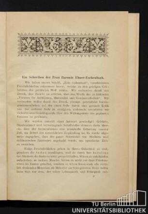 Ein Schreiben der Frau Baronin Ebner-Eschenbach