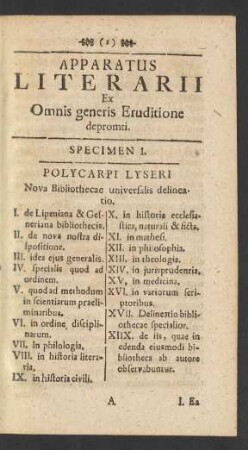 Specimen I. Polycarpi Lyseri Nova Bibliothecae universlis delineatio