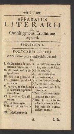 Specimen I. Polycarpi Lyseri Nova Bibliothecae universlis delineatio