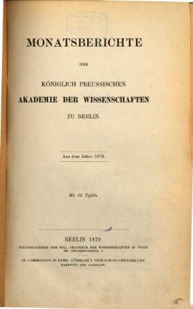 Monatsbericht der Königlich Preussischen Akademie der Wissenschaften zu Berlin. 1878