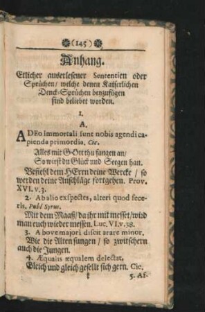 Anhang. Etlicher auserlesener Sententien oder Sprüchen/ welche denen Kaiserlichen Denck-Sprüchen beyzufügen sind beliebet worden.