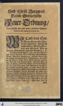 Hoch-Fürstl. Marggräfl. Baden-Durlachische Feuer-Ordnung.