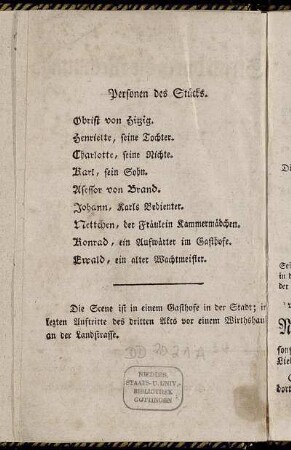 Personen des Stücks. - Die Scene ist in einem Gasthofe in der Stadt;[...]
