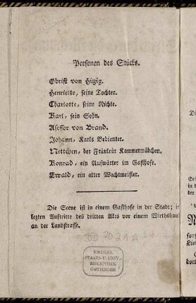 Personen des Stücks. - Die Scene ist in einem Gasthofe in der Stadt;[...]