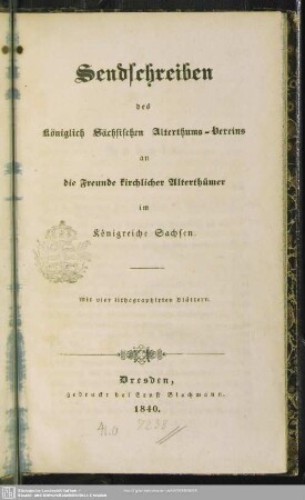 Sendschreiben des Königlich Sächsischen Alterthums-Vereins an die Freunde kirchlicher Alterthümer im Königreiche Sachsen