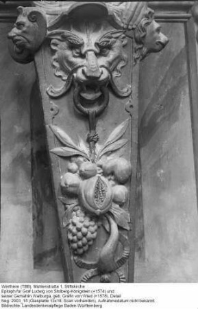 Stiftskirche; Epitaph für Graf Ludwig von Stolberg-Königstein (+1574) und seiner Gemahlin Walburga, geb. Gräfin von Wied (+1578), Detail