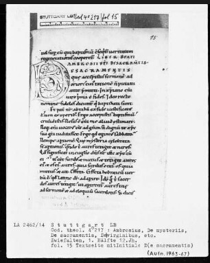 Ambrosius, De mysteriis, de sacramentis, de virginibus etc — Initiale D (e sacramentis), Folio 15 recto