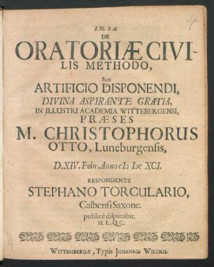De Oratoriae Civilis Methodo, Seu Artificio Disponendi