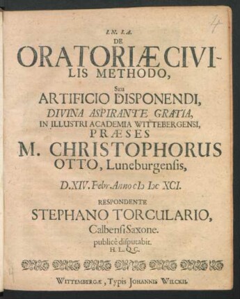 De Oratoriae Civilis Methodo, Seu Artificio Disponendi